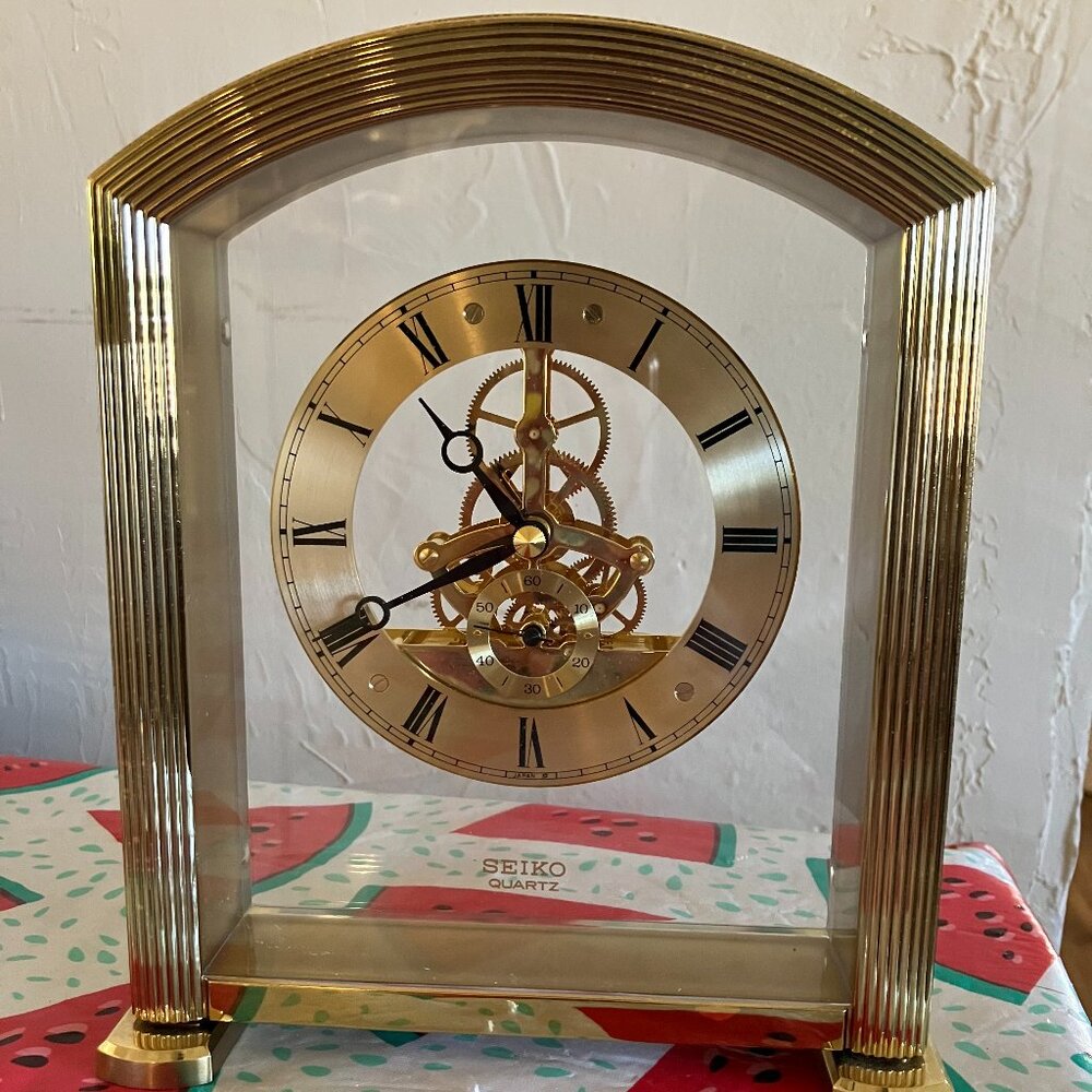 SEIKO Quartz Brass Skeleton Mantel Desk Table Clock Japan #QAW102G 8.75”x7”